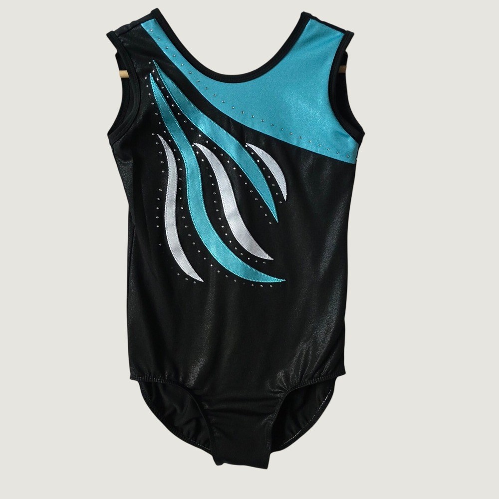 Unbranded Gymnastics Leotard Kids S Black Turquoise Excellent Rhinestones